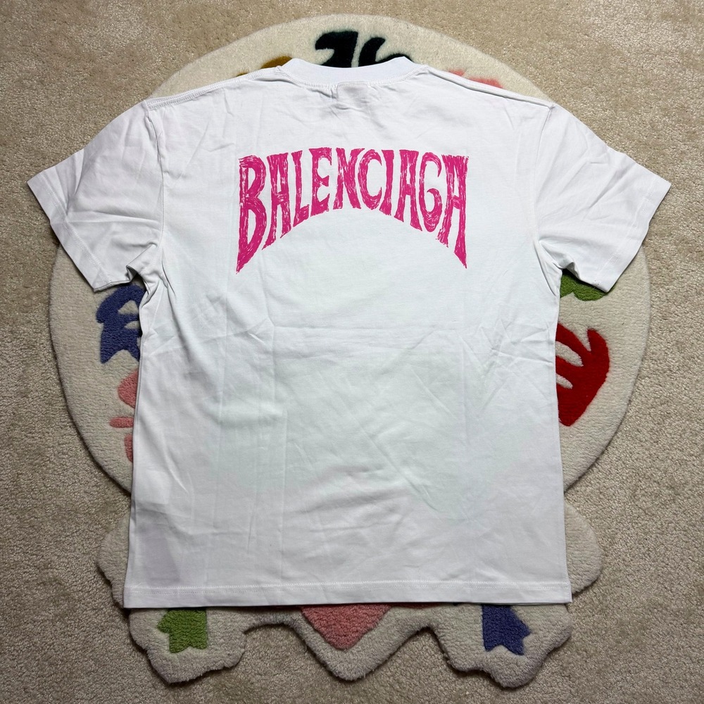 Balenciaga Unisex XL White Pink Scribble Logo Graphic T-Shirt Cotton Portugal